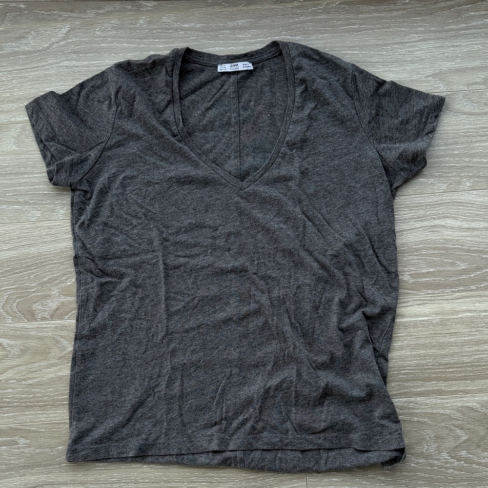 Zara Women's Deep V-Neck Short Sleeve Tee - Gray